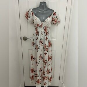 White with Pink Flowers Romantic Maxi-Dress, Sz S